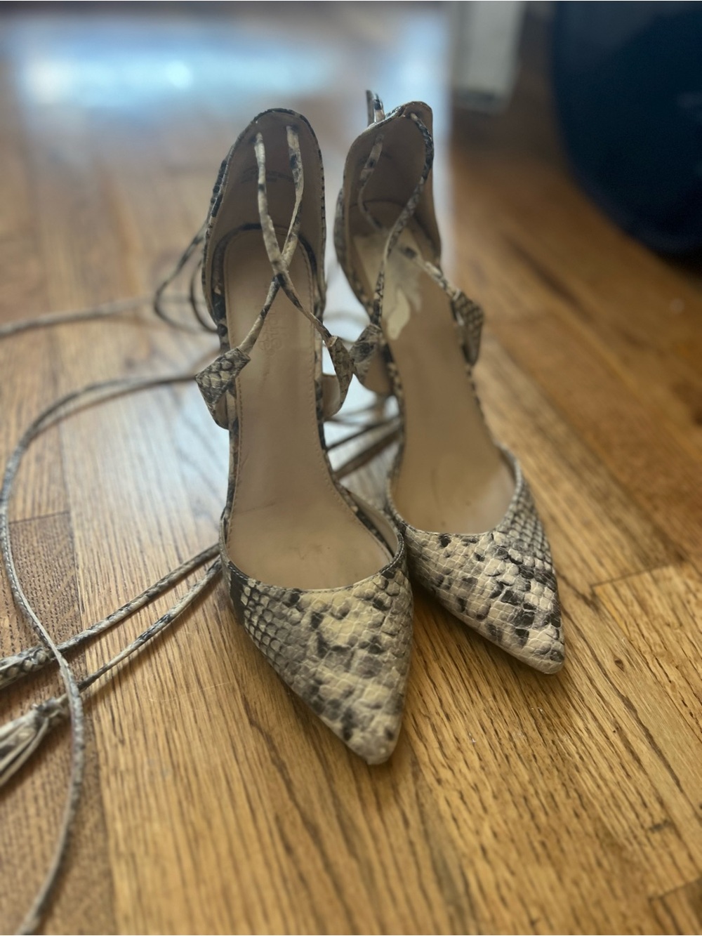 Women’s Snake-Print Lace-Up Pointed Toe Heels - Neutral